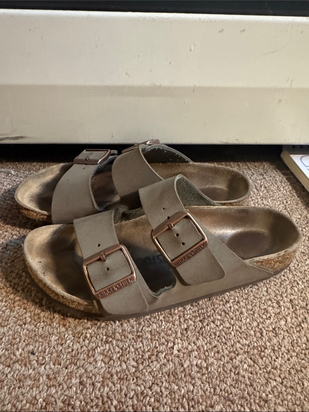 Birkenstock Arizona Two-Strap Sandals in Taupe with Rose Gold Buckles